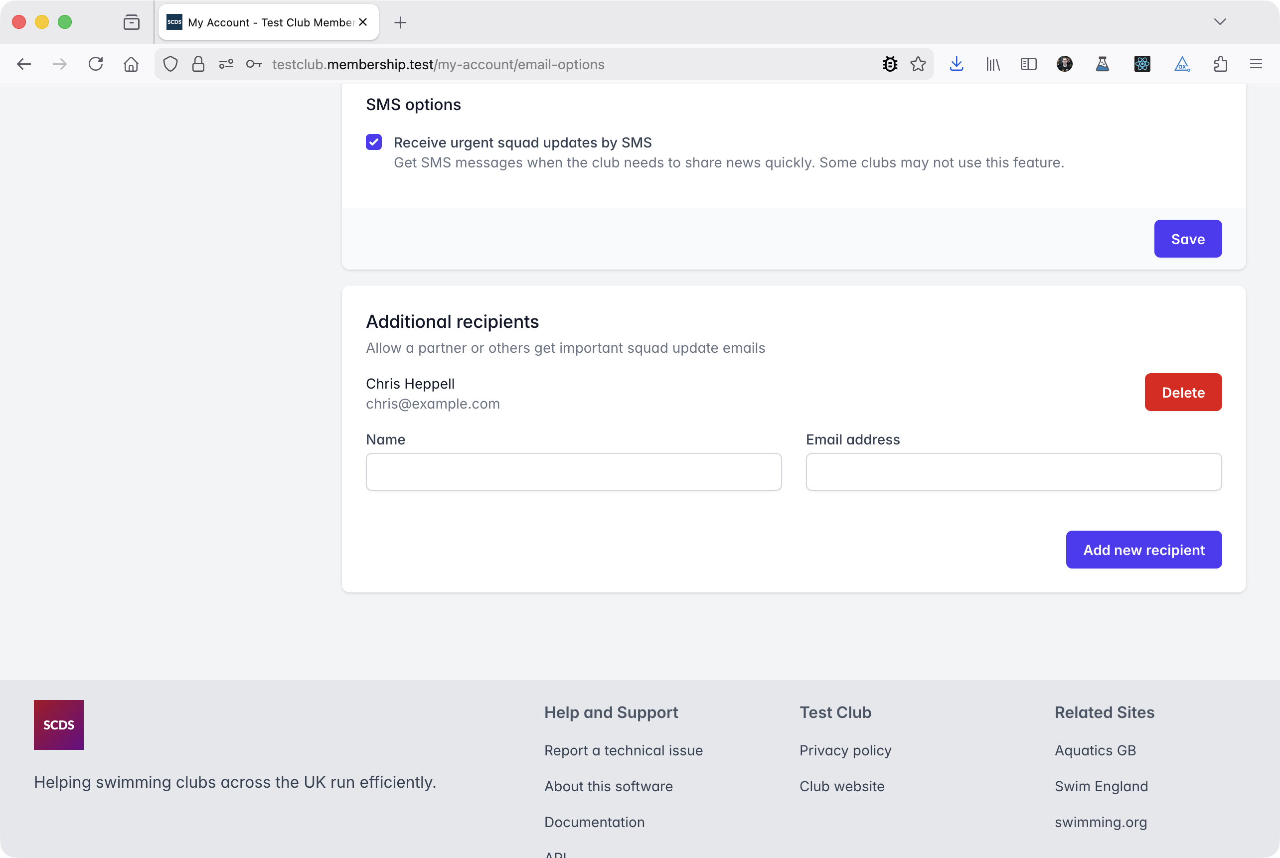 Screenshot of the Additional Recipients form