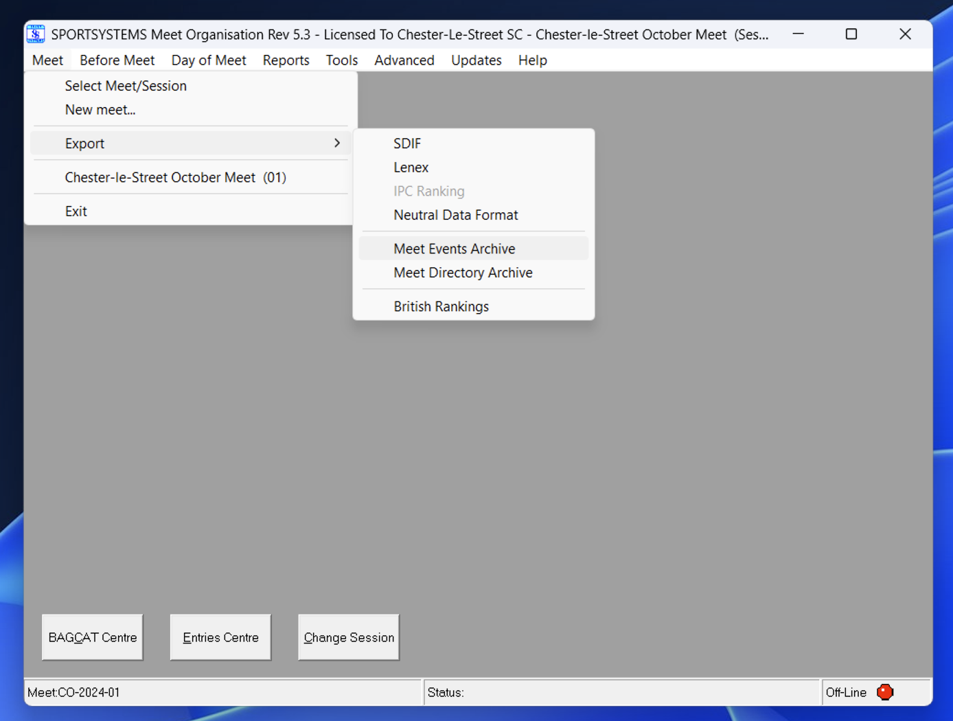 Screenshot of SportSystems Meet menu navigation