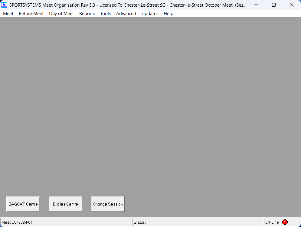Screenshot of SportSystems Meet Organisation just after opening the meet